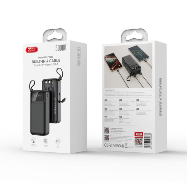 УМБ Павербанк 30000 mAh 10W XO PR280 з 4 вбудованими кабелями Чорний 70345053 фото