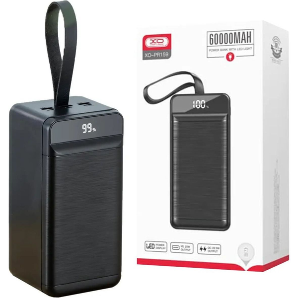 УМБ Павербанк 60000 mAh 22.5W XO PR159 зі швидкою зарядкою та ліхтарем Чорний 9855053 фото