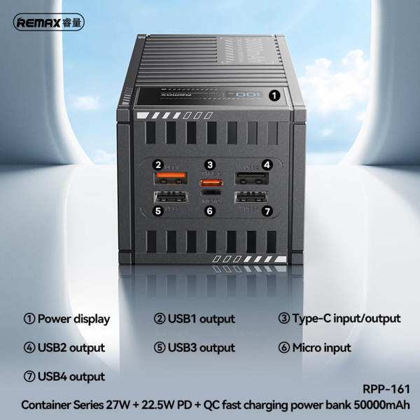 УМБ Павербанк 50000 mAh 27W Remax RPP-161 зі швидкою зарядкою PD/QC Сірий 1105053 фото
