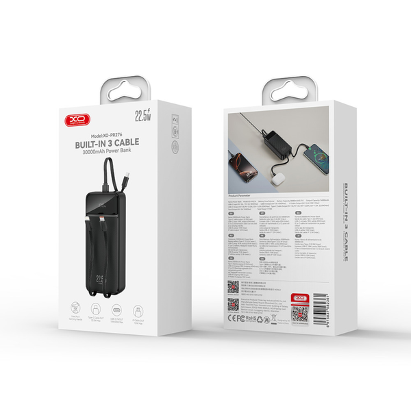 УМБ Павербанк 30000 mAh 22.5W XO PR276 с быстрой зарядкой и 3 встроенными кабелями Черный 10345053 фото