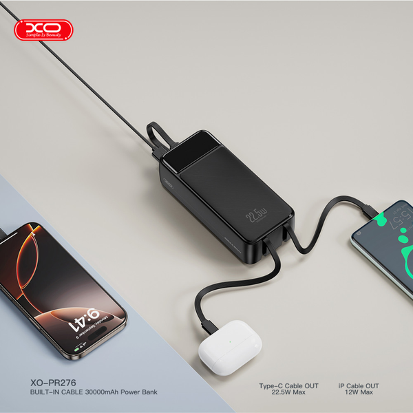 УМБ Павербанк 30000 mAh 22.5W XO PR276 с быстрой зарядкой и 3 встроенными кабелями Черный 10345053 фото
