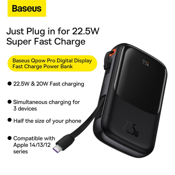 УМБ Павербанк 10000 mAh 22.5W Baseus Qpow Pro с быстрой зарядкой и встроенным кабелем Type-C Черный 5494066 фото