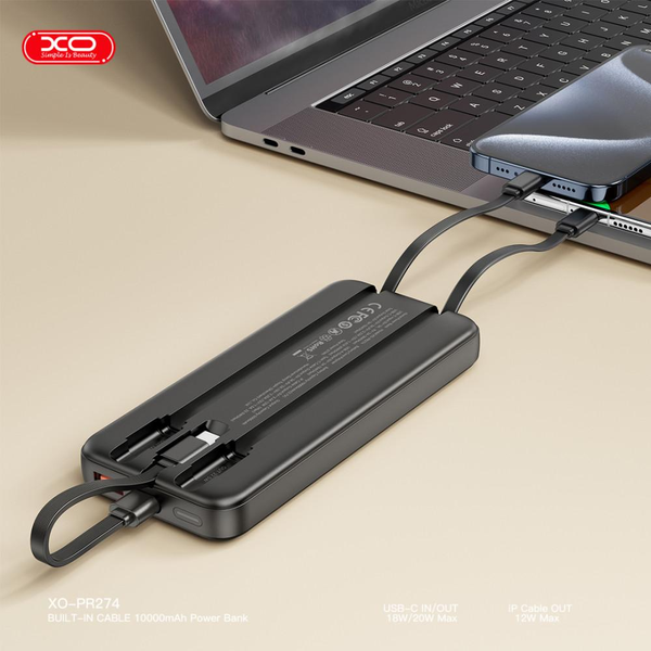 УМБ Павербанк 10000 mAh 22.5W XO PR274 зі швидкою зарядкою та 3 вбудованими кабелями Чорний 3020053 фото
