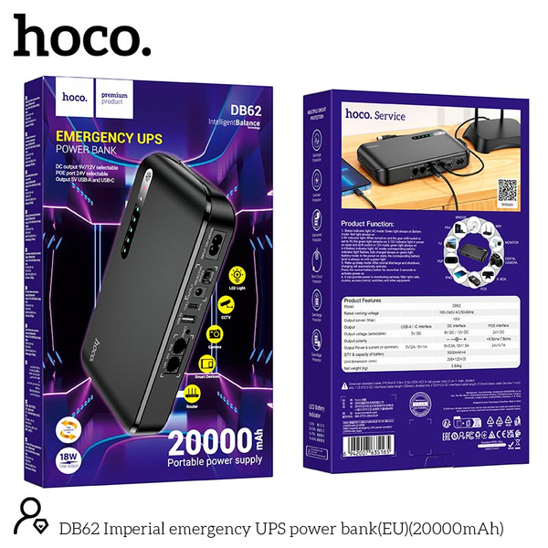 ДБЖ Павербанк 20000 mAh 18W Hoco DB62 з індикатором та підтримкою USB/Type-C/LAN/POE Чорний 6649633 фото