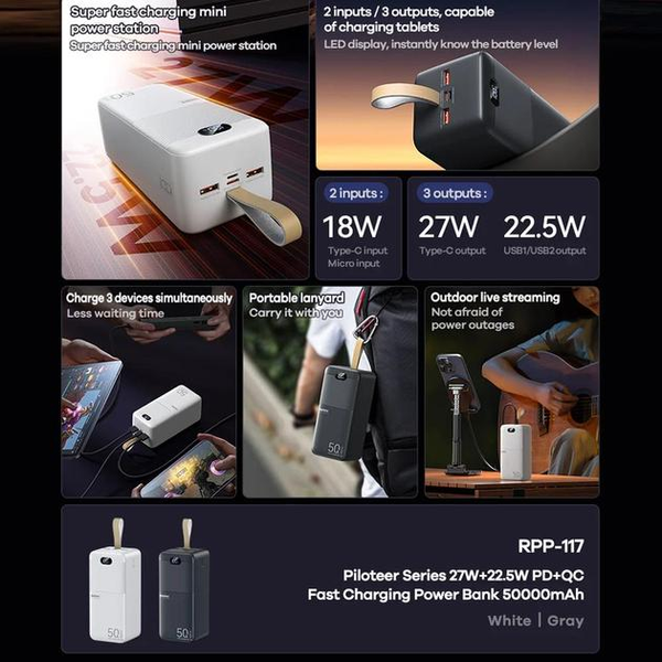 УМБ Павербанк 50000 mAh 22.5W Remax RPP-117 с быстрой зарядкой PD/QC Белый 4365053 фото