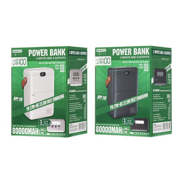 УМБ Павербанк 80000 mAh 27W Remax RPP-118 с быстрой зарядкой и фонарем Черный 1295053 фото
