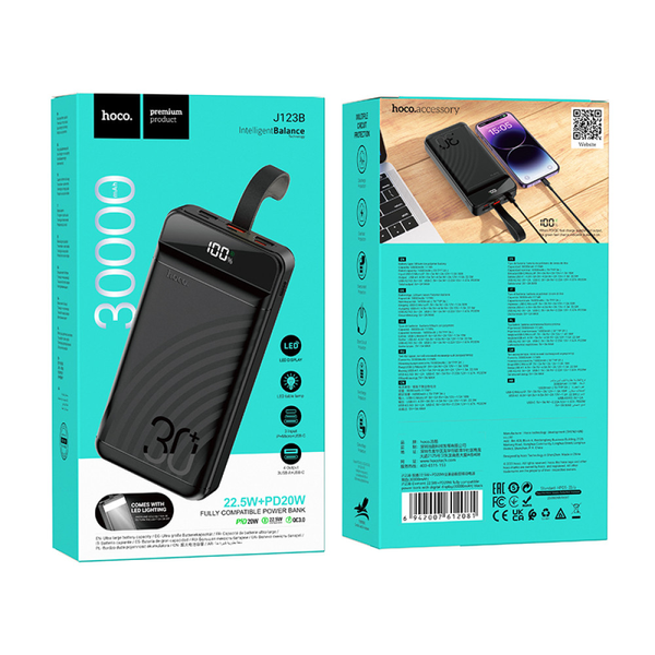 УМБ Павербанк 30000 mAh 22.5W Hoco J123B с быстрой зарядкой и фонарем Черный 9975053 фото