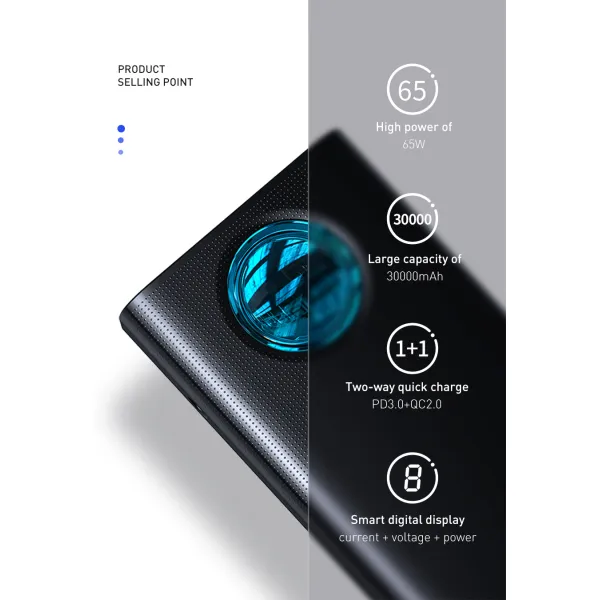 УМБ Павербанк 30000 mAh 65W Baseus Amblight с быстрой зарядкой PD/QC и кабелем Type-C to Type-C 100W Черный 7710066 фото