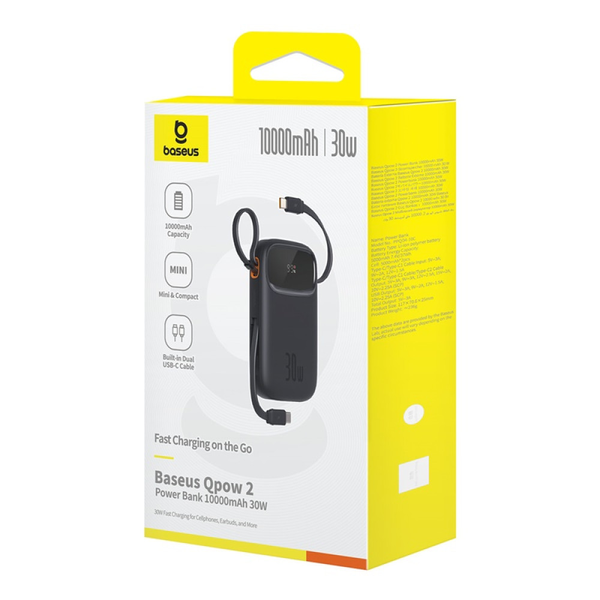 УМБ Павербанк 10000 mAh 30W Baseus Qpow2 с быстрой зарядкой и 2 встроенными кабелями Type-C Черный 6320066 фото
