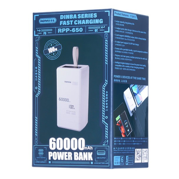 УМБ Павербанк 60000 mAh 100W Remax RPP-650 с быстрой зарядкой PD/QC Белый 3065053 фото