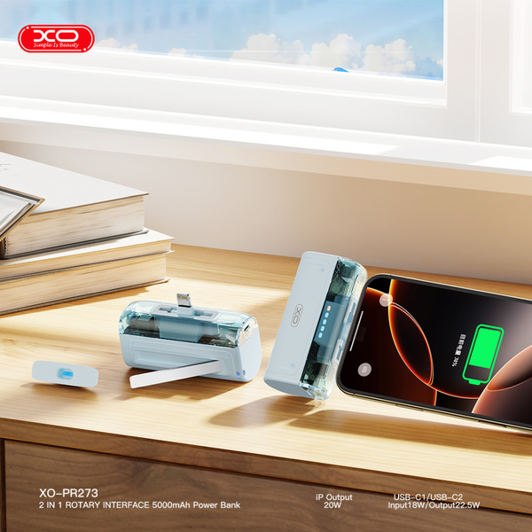 УМБ Павербанк 5000 mAh 22.5W XO PR273 зі швидкою зарядкою та 2 вбудованими кабелями Блакитний 4680053 фото