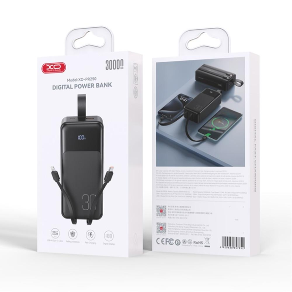 УМБ Павербанк 30000 mAh 22.5W XO PR250 с быстрой зарядкой и 2 встроенными кабелями Черный 52345053 фото