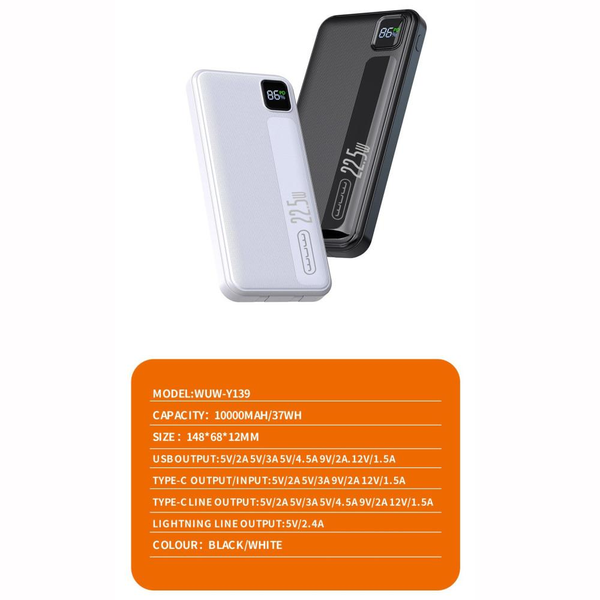 УМБ Павербанк 10000 mAh 22.5W WUW Y139 с быстрой зарядкой и 2 встроенными кабелями Белый 2014053 фото